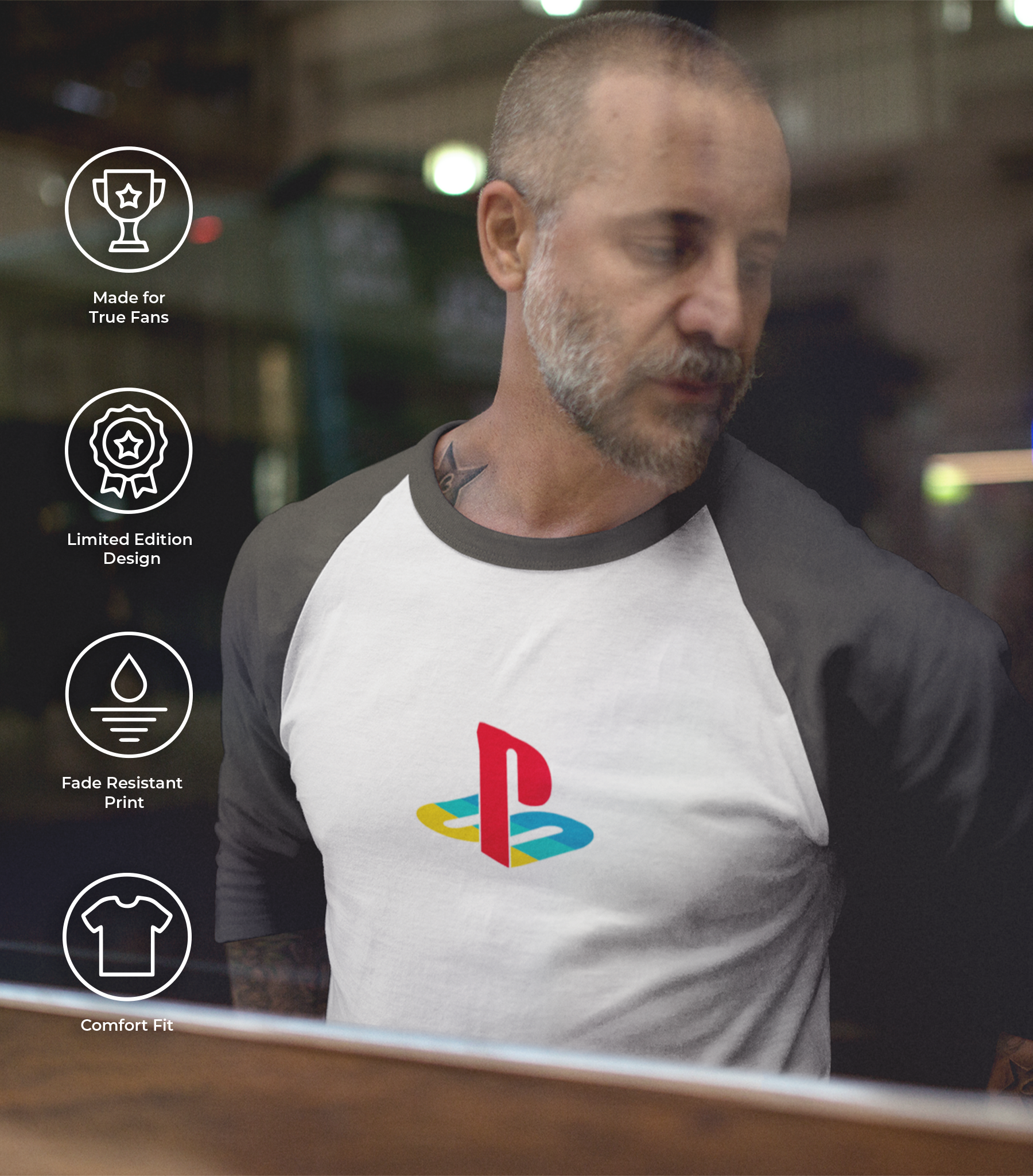 Play Station Unisex 3/4 sleeve Raglan T-shirt White and Asphalt - Image 2